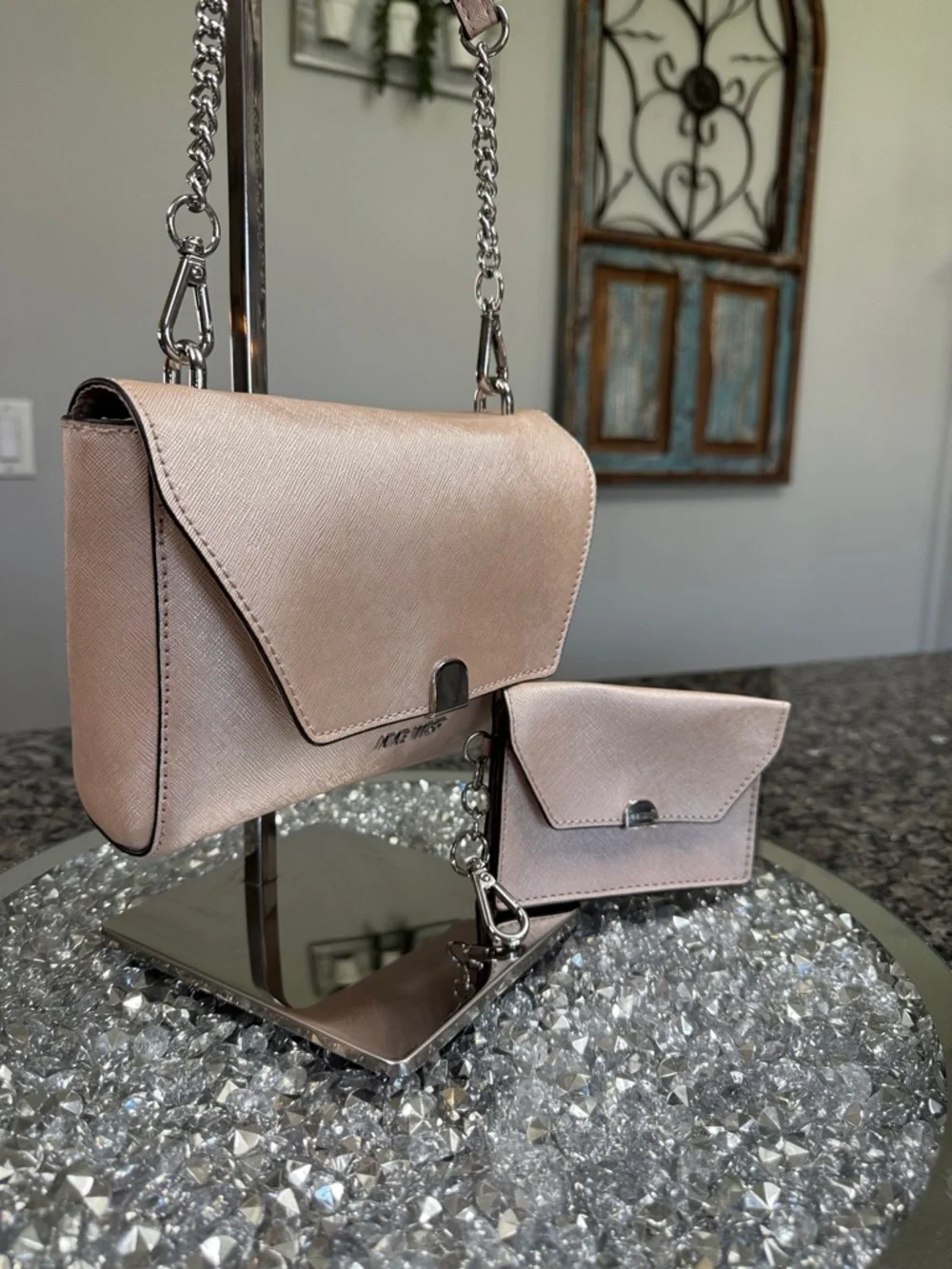 Nine West Rose Blush metallic Crossbody Bag with Matching Card Case NEW